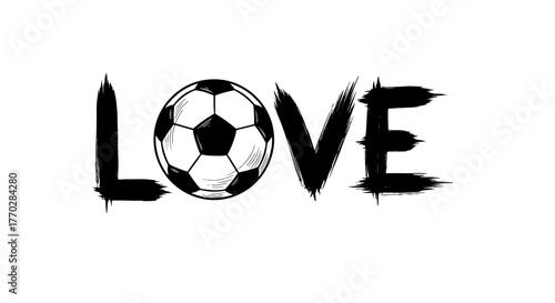 Passionate Soccer Love Graphic Design: A bold artistic illustration of the word "love" with a soccer ball, showcasing affection for the game in a modern design. Perfect for sports marketing, fan appar