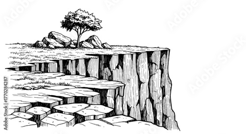 Dramatic Cliffside Vista with Solitary Tree: Conceptual Drawing for Adventure, Fantasy, and Nature Themes, Ideal for Book Illustration, Graphic Novels, Geological Studies, and Environmental Preservati