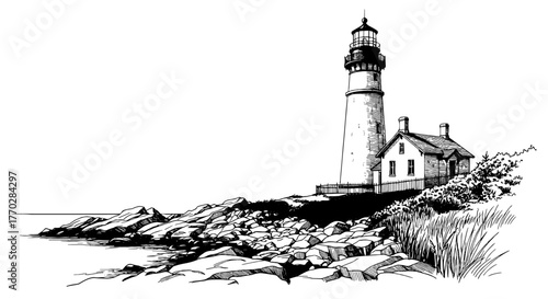 Dramatic Coastal Lighthouse Standing Tall on Rocky Shoreline, Guiding Ships in a Stormy Sea, Maritime Beacon for Navigation, Hope, Safety, Hand-Drawn Pen Ink Illustration in Graphic Detail for Travel,