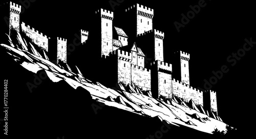 Majestic Medieval Castle Perched High Atop Rocky Mountain Ridge, Standing Guard as Ancient Fortress Overlooking Treacherous Terrain in Harsh Wilderness Landscape, Architectural Marvels For Fantasy Ill