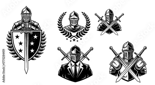 Medieval Knight Illustrations Collection: Diverse Warrior Emblems for Heroic Brands & Strategic Business Ventures - Stand Out with Timeless Graphic Assets in Marketing, Presentations, Website Design,