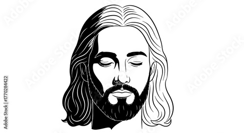 Serene Jesus Christ Illustration Contemplating in Peaceful Stillness, Religious Icon for Christian Faith & Devotion, Black & White Minimalist Spiritual Portrait for Church Presentations, Easter Design