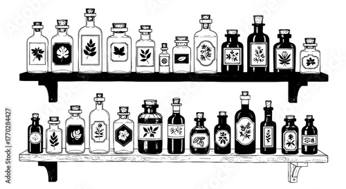 Apothecary Herbalist Shelf Display: Vintage Tincture Bottles Collection on Wooden Shelves for Natural Medicine, Botanical Illustrations, Magic Potion Making, Healthcare and Herbal Remedies, Retro Scie