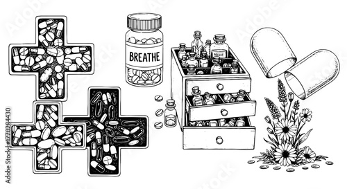 Detailed Hand-Drawn Medicine Illustration Depicting Natural Remedies, Herbal Supplements, and Pharmaceutical Medications for Healthcare Marketing Materials, Scientific Presentations, Botanical Studies