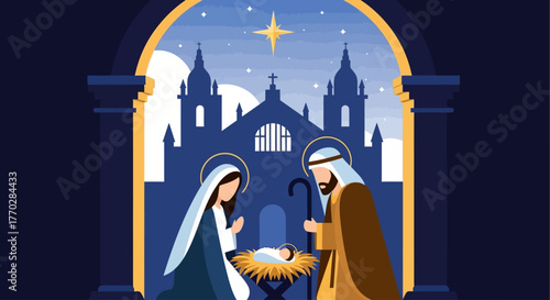 This flat design vector illustrates a minimalist Nativity scene, with the holy family set against the iconic silhouette of a church, emphasizing the spiritual essence of Christmas. 