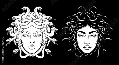 Medusa's Portraits: Conceptual Illustration of Duality, Contrasting Greek Mythology Icons with Snake Hair in a Modern, Edgy Style on Black Background, Perfect for Dark Fantasy Art, Tattoo Design, Horr