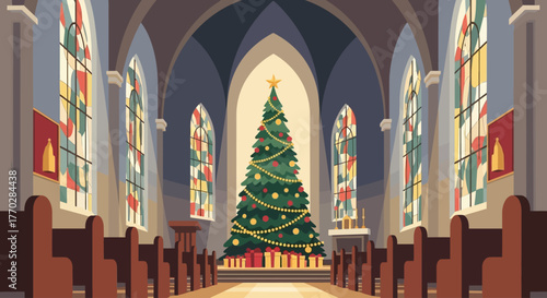A serene flat design illustration depicting a beautifully decorated Christmas tree positioned in the central aisle of a church, surrounded by minimalist architectural elements. 
