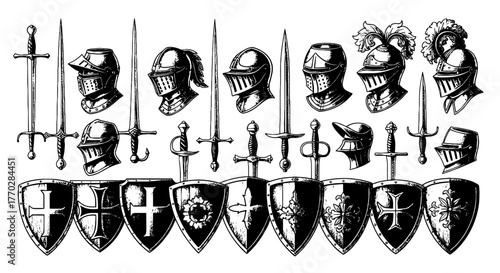 Medieval Knight's Armor and Swords Displayed for Historical Reenactment, Fantasy Illustration, or Educational Material: Graphic Elements for Game Design, Website, and Logo Design, Vintage Engraving St
