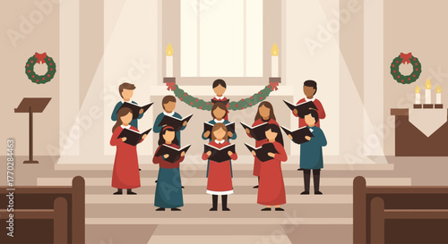 A charming flat design illustration featuring a choir performing Christmas hymns within a tastefully decorated church, capturing the joyous sounds of the season. 
