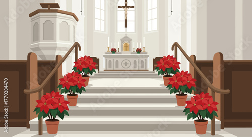 This flat design vector showcases a festive display of bright red poinsettia plants adorning the steps within a church, symbolizing Christmas cheer and tradition. 