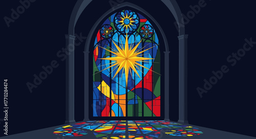 A striking flat design illustration of a church's stained glass window, featuring a prominent Christmas star, creating a spiritual and festive atmosphere. 