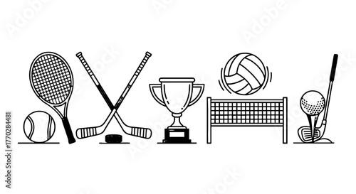 Diverse Sports Equipment Outline Collection: Tennis, Hockey, Volleyball, Golf & Trophy Illustration Showcasing Athletics, Competition, Teamwork for Fitness, Recreation & Achievement in a Clean, Modern