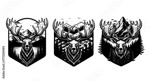 Majestic Moose Portraits Engraved in Mountain Landscapes: Wildlife Emblem Set for Outdoor Adventure Branding & Conservation Imagery, Ideal for Tourism, Wildlife Education, Parks & Recreation Promotion