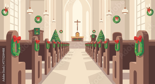 A serene flat design illustration showcasing an empty church pew thoughtfully adorned with a simple Christmas decoration, conveying a sense of joy of welcoming Chrismast.