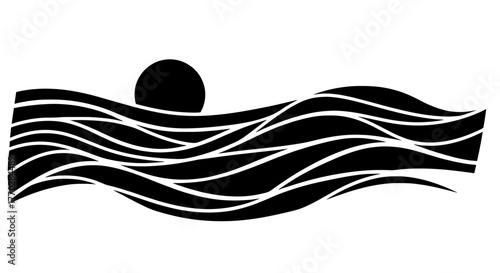 Abstract Ocean Waves and Setting Sun Illustration in Bold Black and White, Stylized Seascape at Sunset, Creating Serene, Modern Atmosphere, Perfect for Wall Art, Graphic Design, Maritime Industry, Med