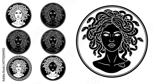 Medusa Gorgon Head Portrait in Monochrome: Ancient Mythology Symbol for Art, Design, and History Projects Depicting Greek Legends, Fright, Power, and Female Rage. Ideal for Tattoo Art, Mythology Studi
