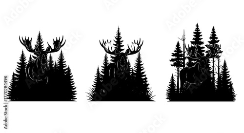 Majestic Moose Silhouettes in Forest Landscape Collection, Vector Art Set for Wildlife Enthusiasts and Graphic Designers – Perfect for Nature-Themed Branding, Adventure Logos, Outdoor Marketing, and R