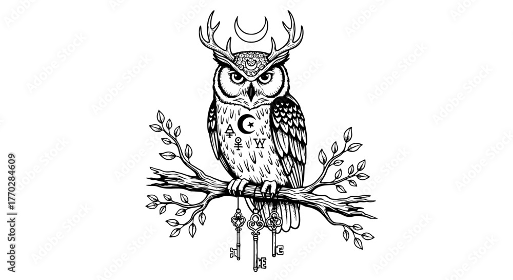 Fototapeta premium Detailed Engraving of Mystical Owl Perched on a Branch with Keys: A Symbolic Illustration for Esoteric Practices, Spiritual Exploration, and Occult Design, Perfect for Tattoos, Witchcraft, Alchemy, G