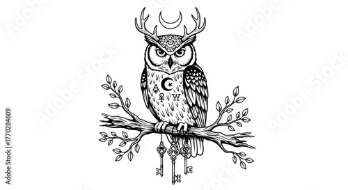 Detailed Engraving of Mystical Owl Perched on a Branch with Keys: A Symbolic Illustration for Esoteric Practices, Spiritual Exploration, and Occult Design, Perfect for Tattoos, Witchcraft,  Alchemy, G