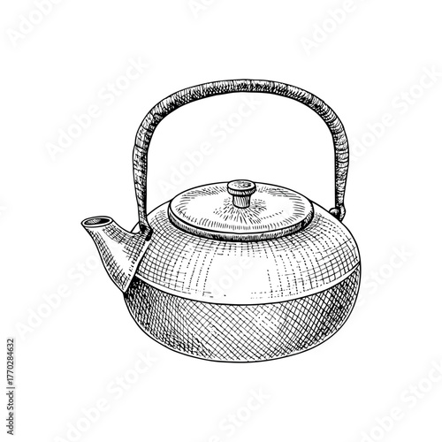 A simple hand-drawn sketch of a traditional japanese cast iron teapot or tetsubin perfect for tea themes