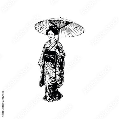 A detailed hand-drawn illustration of a geisha holding a traditional japanese umbrella or wagasa a cultural symbol