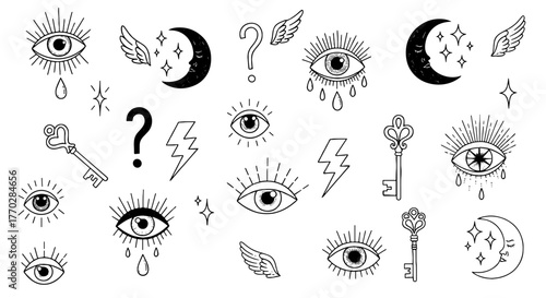 Mystical Eye and Celestial Symbol Collection Creating a Spiritual, Esoteric Design for a New Age Tattoo or Modern Graphic, Featuring Crescent Moons, Keys, Lightning Bolts, Question Marks, Wings, Stars