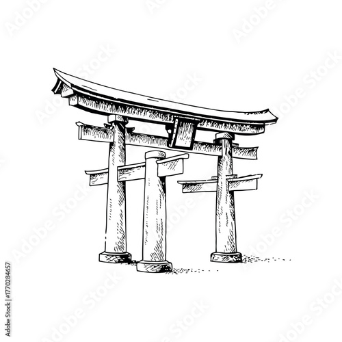 A hand-drawn sketch of a traditional japanese torii gate the symbol of a shinto shrine and passage