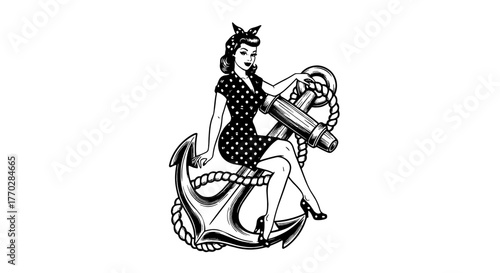 Vintage Pin-Up Girl Sitting on an Anchor: Classic Nautical Illustration for Retro Fashion, Lifestyle, and Tattoo Art Designs – Ideal for Posters, Advertising, Marine Themes, and Nostalgic Projects wit