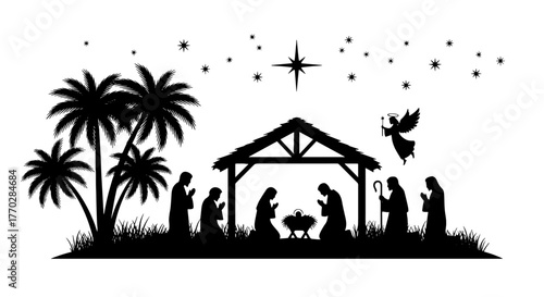 Nativity Scene Silhouette Depicting the Birth of Jesus Christ Under Starry Sky with Angel, Palm Trees, and Holy Family Praying in Manger for Christmas Celebration, Religious Traditions, Holiday Card,