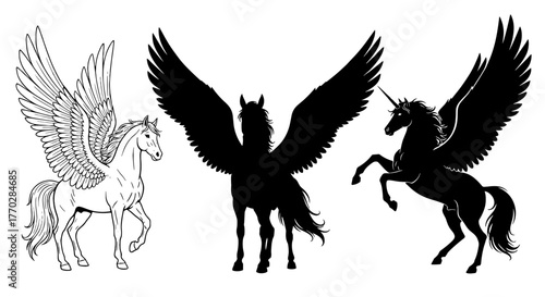 Majestic Pegasus Trio Soaring in Flight: Mythical Winged Horses Illustration Against White Backdrop for Fantasy Illustrations, Graphic Design, Mythology Projects, Children's Books, Modern Art, and Anc