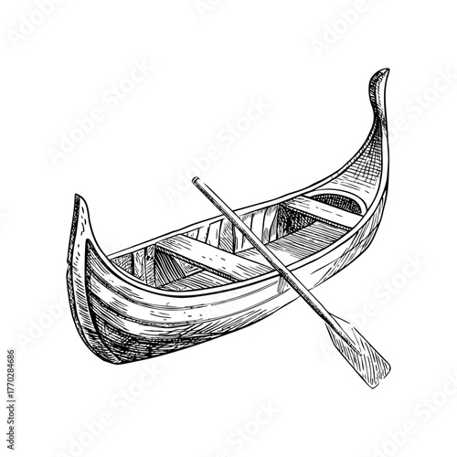 A hand-drawn illustration of a traditional venetian gondola with an oar ideal for travel and romantic themes