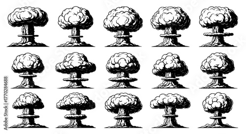 Atomic Mushroom Cloud Set Erupting in Black and White: Nuclear Explosion Illustration Collection for Disaster Simulation, Cold War Graphics, Historical Presentation, Technological Impact, Apocalyptic