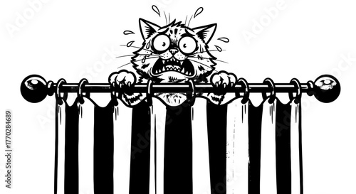 Frightened Cartoon Cat Clinging to Curtains in Fear, Anxious Feline Hiding Behind Striped Drapes, Comic-Style Illustration for Children's Story, Humorous Image for Pet Lovers, Black and White Design f