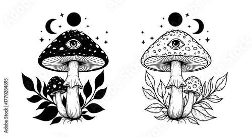 Mystical Mushrooms with All-Seeing Eye and Lunar Phases in Botanical Setting: Detailed Illustration for Spiritual Designs, Tattoo Art, and Esoteric Concepts. Perfect for Witchcraft, Gothic Style Proje