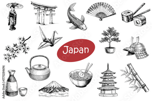 A collection of hand-drawn vector illustrations depicting japanese landmarks food and cultural symbols