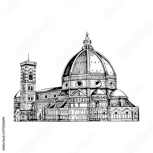 A highly detailed hand-drawn sketch of the duomo cathedral in florence italy a renaissance masterpiece