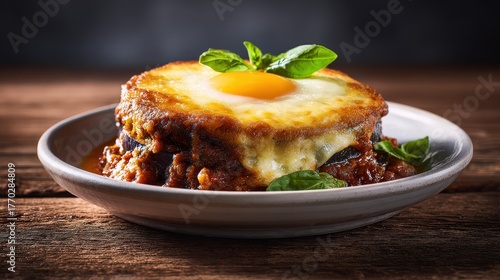 Baked eggplant dish with melted cheese and a sunny-side-up egg.