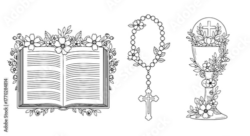 Ornate Religious Book, Rosary Beads, and Chalice Illustration Celebrating Faith, Spirituality, and Devotion for Church, Community, and Religious Education with Floral Designs and Delicate Lines, Perfe