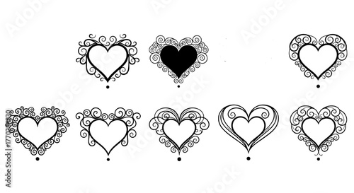 Elegant Heart Ornaments for Romantic Design Projects: Decorative Vector Elements for Valentine's Day, Weddings, and Love-Themed Graphics, Featuring Swirling Flourishes, Filigree Details, for Invitatio
