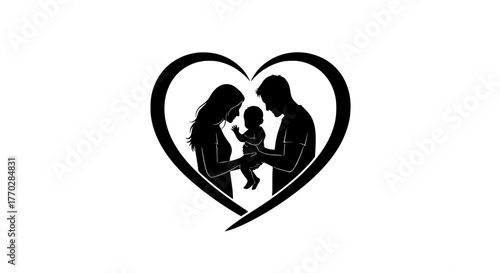 Silhouette Family Embracing Baby in Heart Shape: Love and Parenthood Graphic Illustration for Healthcare, Lifestyle, and Generational Connections, Adoption Symbolism, Modern Design,  Family Planning A