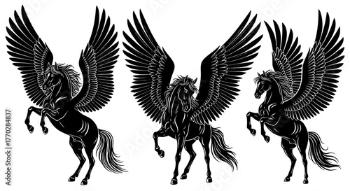 Majestic Pegasus Stallions in Flight, Mythical Creatures Leaping, Fantasy Illustration in Black and White, Heraldic Symbolism for Strength and Grace, Artistic Design for Graphic Arts and Logo Concepts