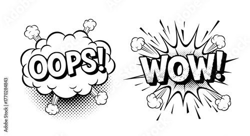 Comic Book Style Speech Bubbles Bursting with Energy, Emphasizing Expressions of Surprise and Error for Dynamic Presentations & Marketing Materials, Retro Design for Social Media, Bold Illustration, P