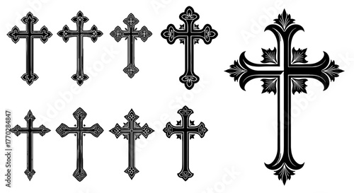 Ornate Christian Crosses Illustration Collection: Decorative Faith Symbols for Religious Design and Spiritual Art Projects, Vector Gothic Style Elements for Church, Memorial, and Historical Presentati