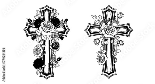 Floral Crosses in Outlined Vector Graphics for Remembrance & Tattoo Art: Antique Religious Symbolism & Memorial Design Elements on White, Perfect for Church Invitations, Scrapbooking & Gothic Illustra