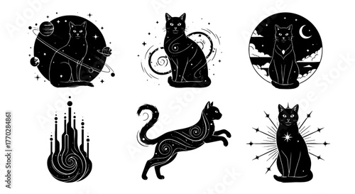 Celestial Cat Illustrations Collection, Mystic Feline Designs Set for Spiritual, Esoteric Projects, Artistic Tattoo, and Witchcraft Aesthetics. Magical, Occult Concepts for Modern Branding, T-Shirts,