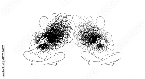 Mental Health Meditation: Two Figures Sit in Lotus Position Facing Each Other, Contemplating Shared Emotional Turmoil, Representing Therapy, Support, and Understanding in Minimalist Line Art for Healt