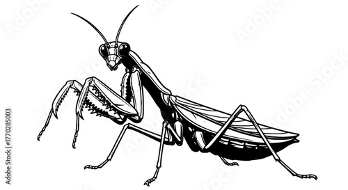 Detailed Praying Mantis Insect Illustration Displaying Predatory Stance in Black and White, Ideal for Science Education Material, Entomology Studies, Biology Resources, Vector Art Project, Wildlife, M