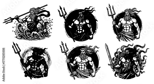 Poseidon Illustrations Collection: Ancient Greek God with Trident Rising from Ocean Waves & Powerful Muscular Figure, Commanding & Divine, Mythological Artwork for Fantasy Games & Graphic Novels, Powe