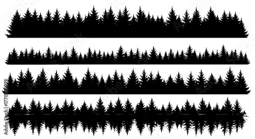 Silhouetted Evergreen Trees Borders: Forest Edge, Woodland Scene, Nature Background for Outdoor Adventure, Ecological Projects, Wilderness Exploration, Dark & Moody Landscape Illustration, Naturalisti