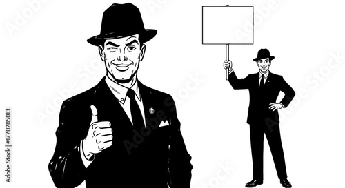 Vintage Businessman Giving Thumbs Up with Positive Vibe Promoting Message on Sign, Retro Comic Book Style Illustration for Marketing Success & Professional Communication in Business Presentation & Adv